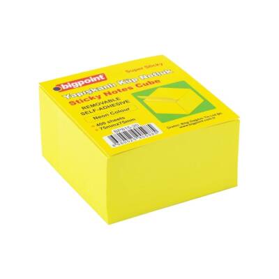 Bigpoint Yapışkanlı Super Sticky Küp, 75x75 mm, Neon Sarı, 400 Yaprak - Bigpoint