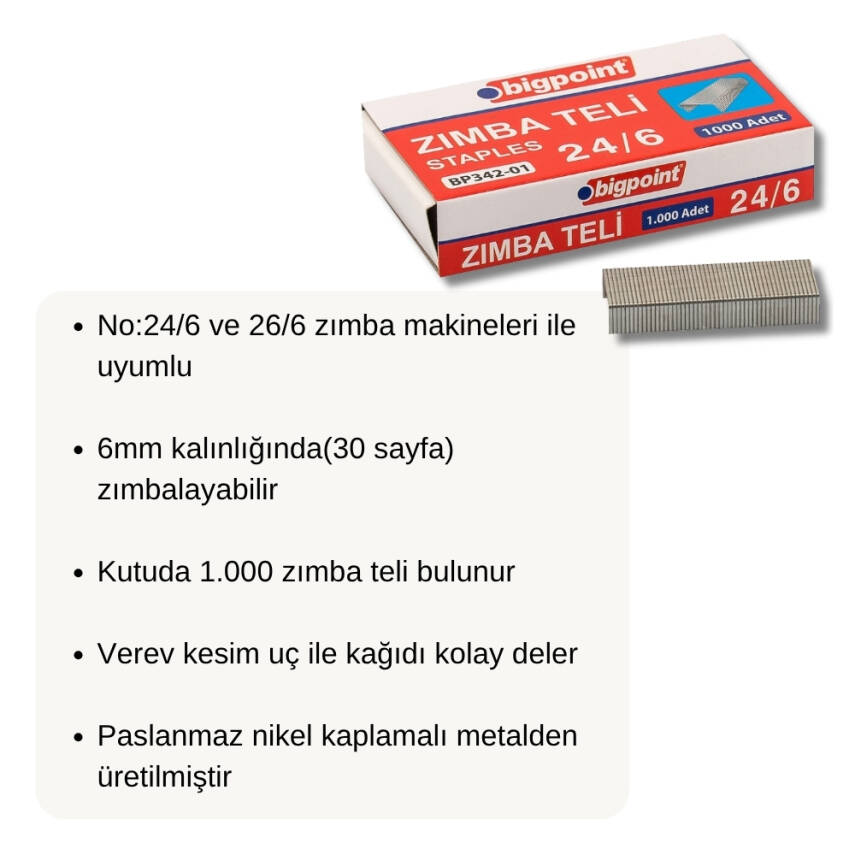 Bigpoint Zımba Teli, 1000’li, No: 24/6, 26/6 Zımba Uyumlu, Dayanıklı - 2