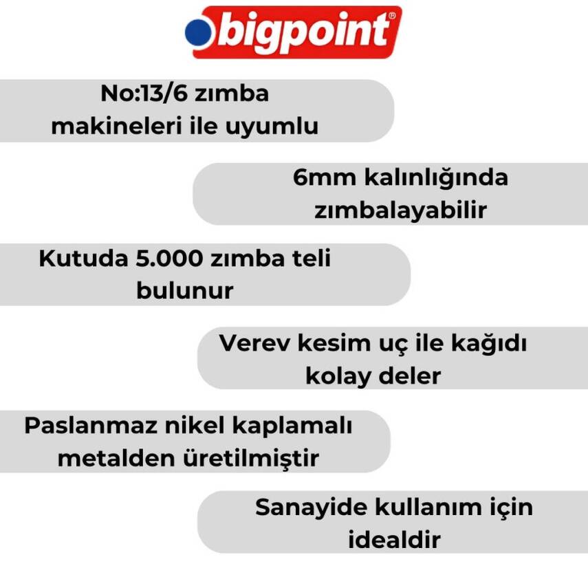 Bigpoint Zımba Teli No:13/6, 5000 Adet, 6 mm Kalınlığa Kadar Uyumlu - 2