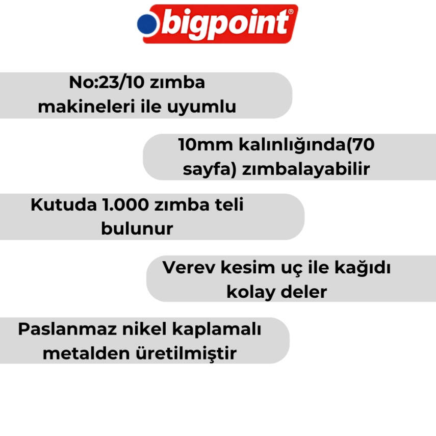 Bigpoint Zımba Teli No:23/10, 1000 Adet,70 Sayfa Kapasiteli,Dayanıklı - 2