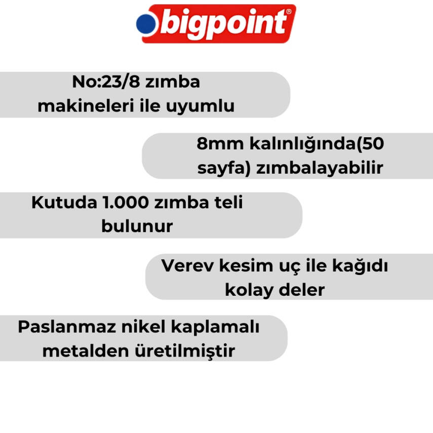 Bigpoint Zımba Teli No:23/8, 1000 Adet, 50 Sayfa Kapasiteli, Dayanıklı - 2