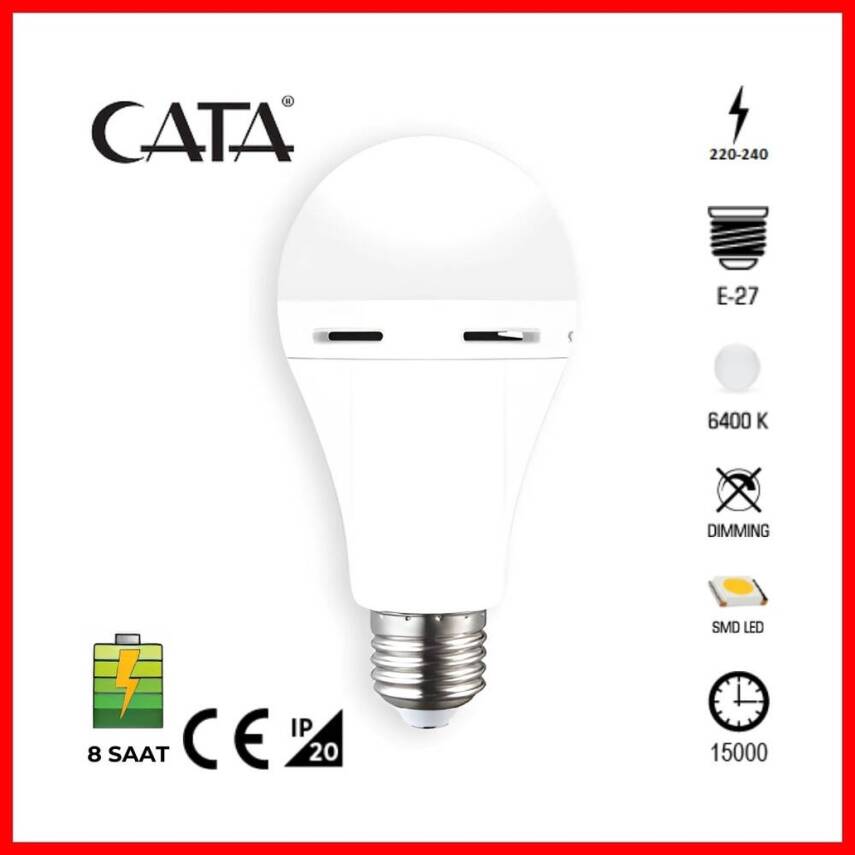 Cata Şarjlı LED Ampul, E27, 9W, 6400K, 8 Saat Dayanıklı, Enerji Verimi - 1
