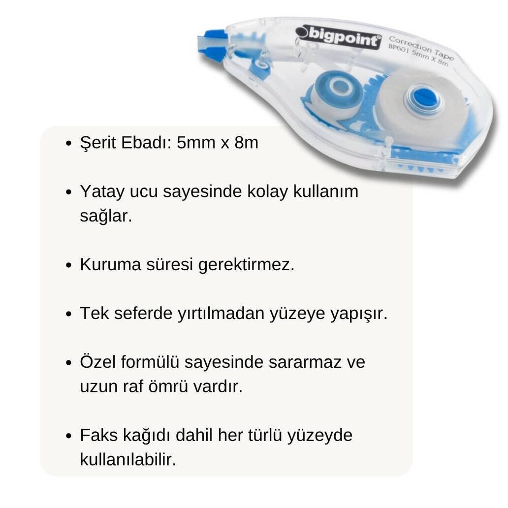 Bigpoint Şerit Daksil, 5 mm x 8 m, Fotokopi ve Mürekkep Uyumlu Silici