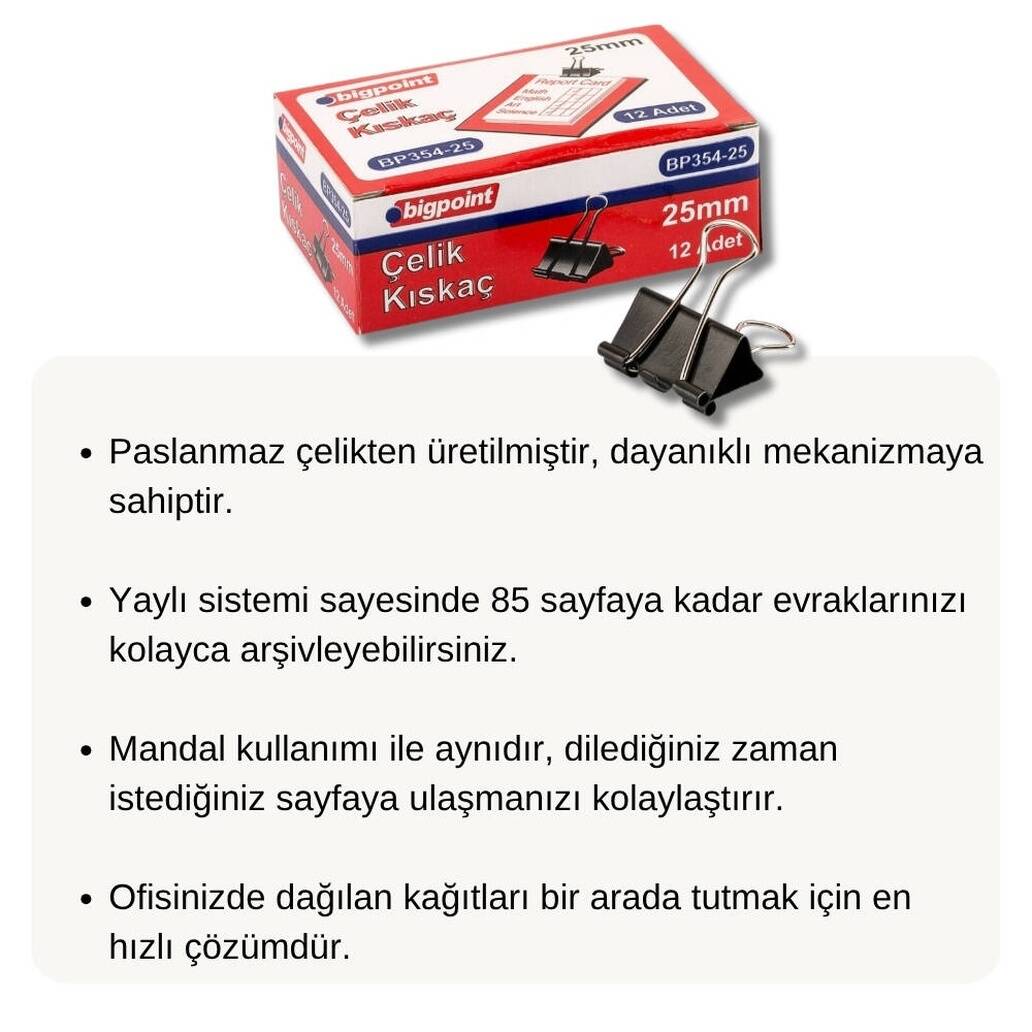 Bigpoint Çelik Kıskaç, 25 mm, 85 Sayfa Kapasite, Paslanmaz, Dayanıklı