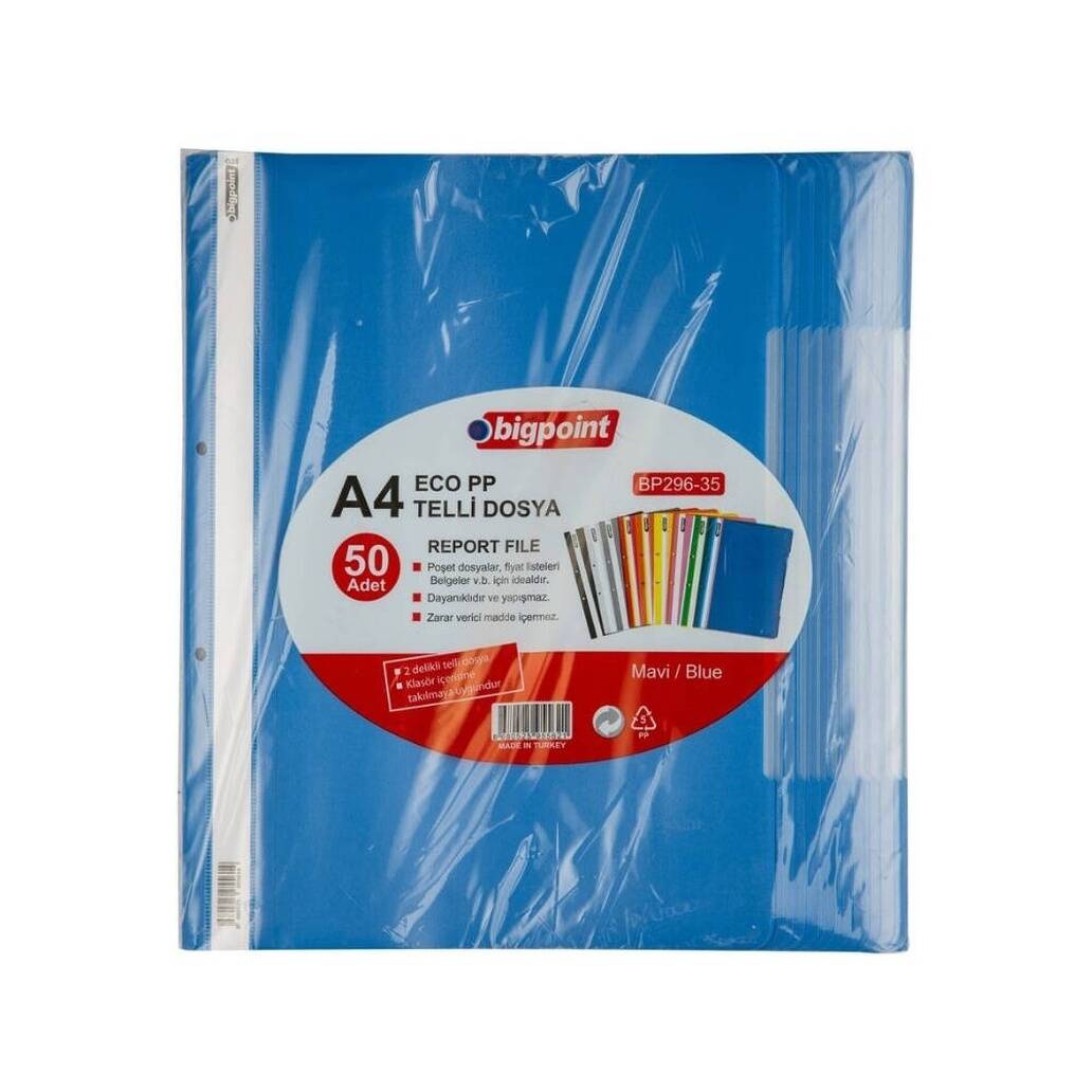 Bigpoint Telli Dosya, 10 Adet, 50'li Paket, 180 A4 Kapasiteli, Mavi