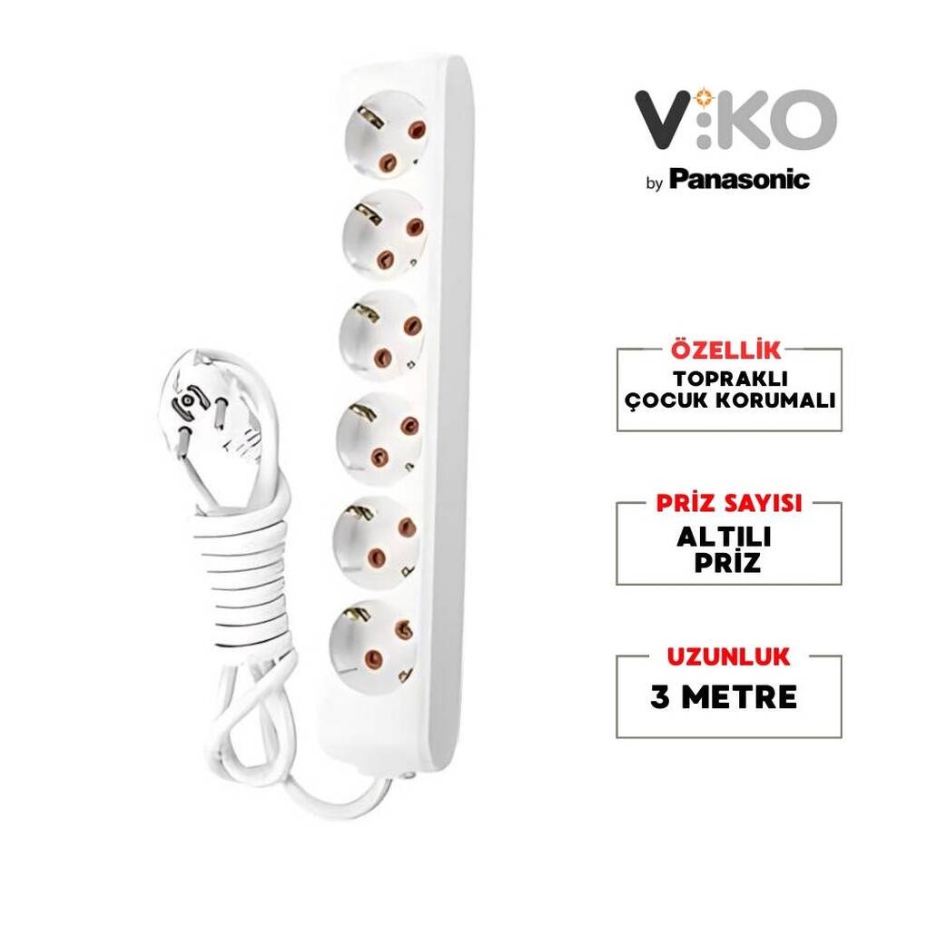 Viko Altılı Çoklu Priz, Topraklı, Uzatma Kablosu, 6lı, 3m, Beyaz