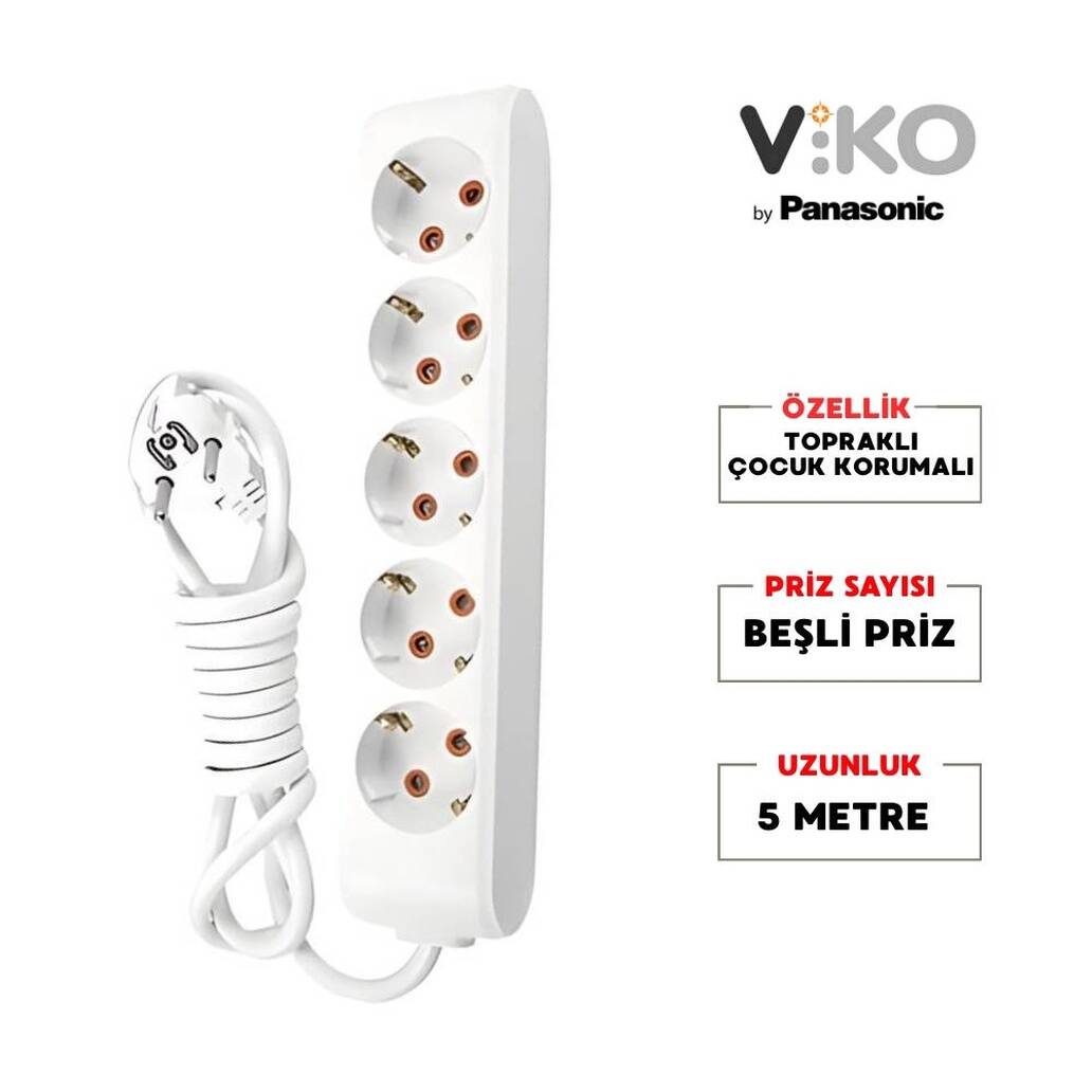 Viko Beşli Çoklu Priz, Topraklı, Uzatma Kablosu, 5li, 5m, Beyaz