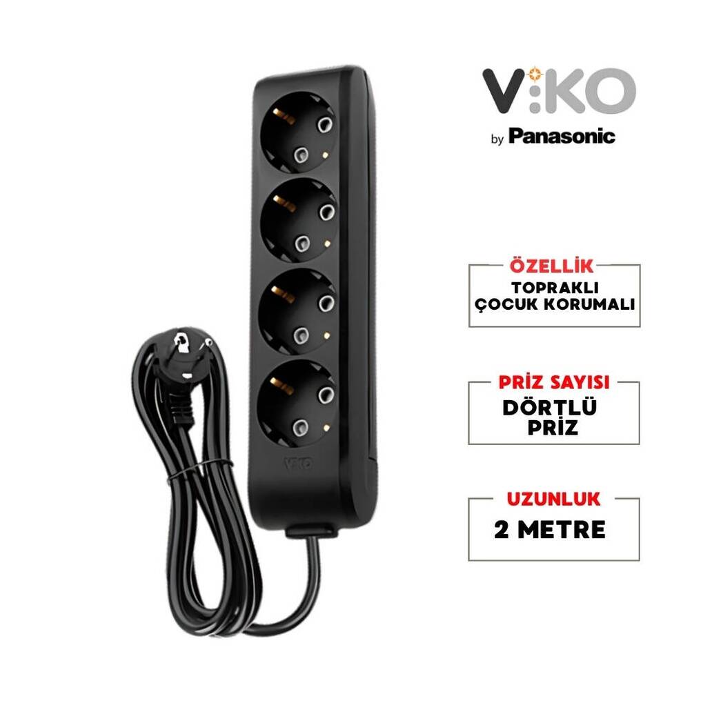 Viko Dörtlü Çoklu Priz, Topraklı, Uzatma Kablosu, 4lü, 2m, Siyah