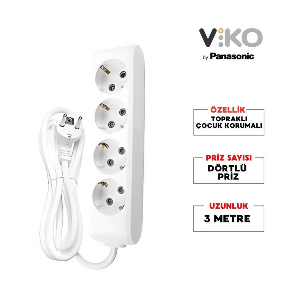 Viko Dörtlü Çoklu Priz,  Topraklı, Uzatma Kablosu, 4lü, 3m, Beyaz