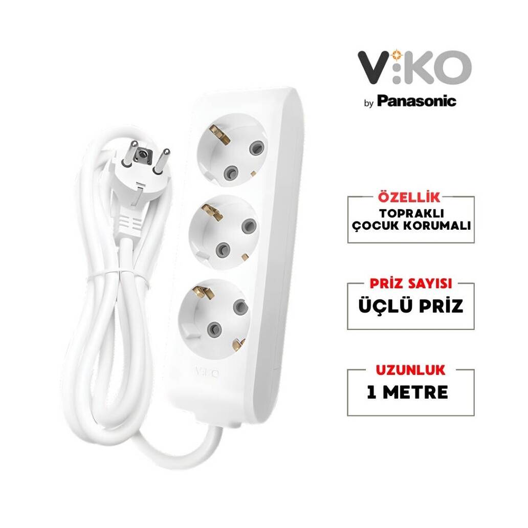 Viko Üçlü Çoklu Priz, Topraklı, Uzatma Kablosu, 3lü, 1m, Beyaz