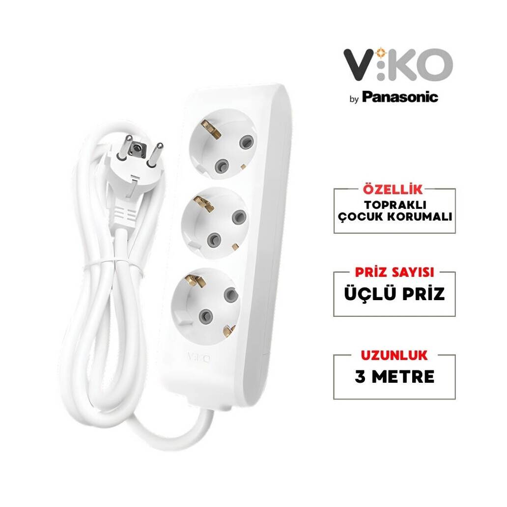 Viko Üçlü Çoklu Priz, Topraklı, Uzatma Kablosu, 3lü, 3m, Beyaz