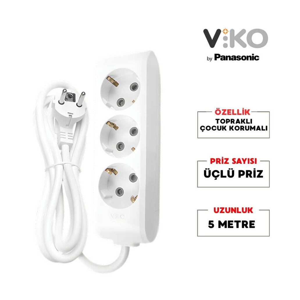Viko Üçlü Çoklu Priz, Topraklı, Uzatma Kablosu, 3lü, 5m, Beyaz