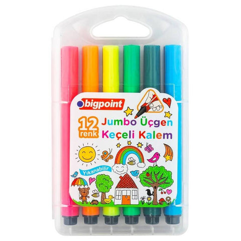 Bigpoint Jumbo Üçgen Keçeli Kalem Seti, 12 Renk, Su Bazlı, Dayanıklı