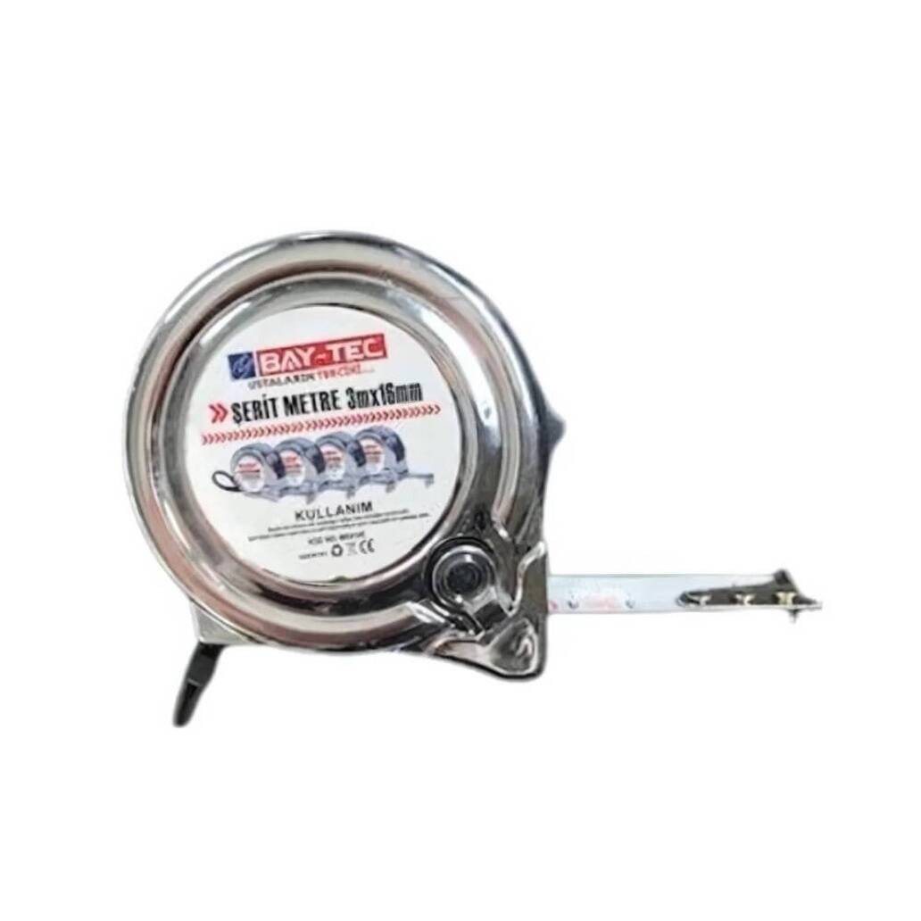 BAY-TEC Şerit Metre, Krom, 3 m x 16 mm, Dayanıklı ve Kolay Kullanım