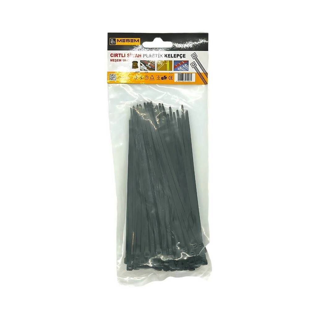 Meşem Kablo Bağı, 100'lü Paket Plastik Kelepçe, 3.6 mm, 200 mm, Siyah