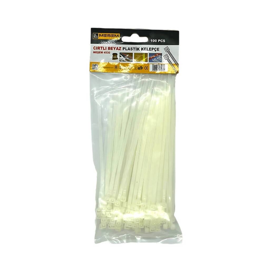 Meşem Kablo Bağı, 100'lü Paket Plastik Kelepçe, 3.6 mm, 250 mm, Beyaz