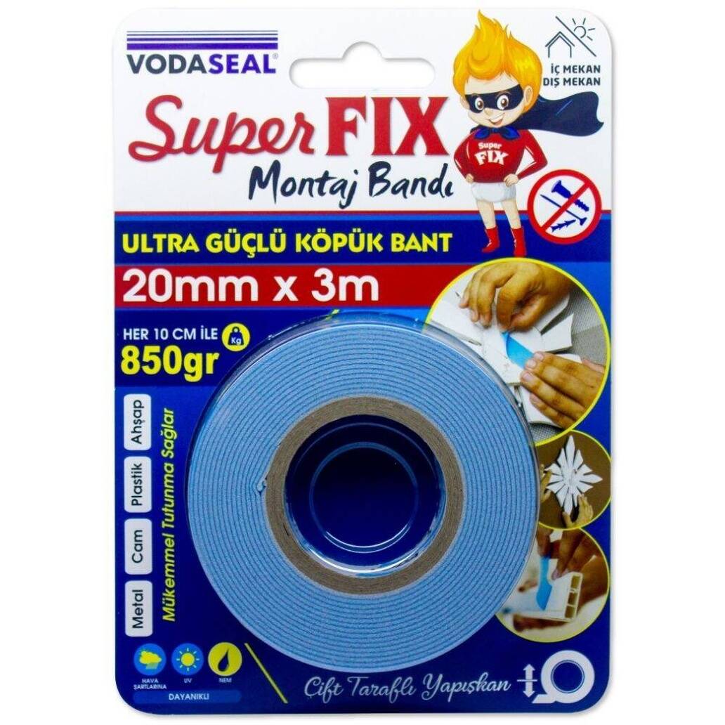 Vodaseal Çift Taraflı Montaj Bandı, 20 mm 3 m, Güçlü Yapışkan