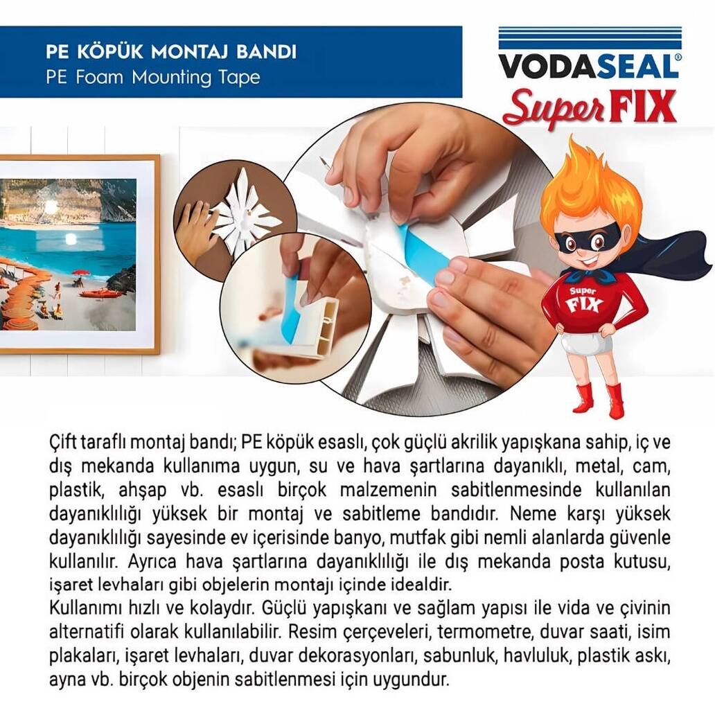 Vodaseal Çift Taraflı Montaj Bandı, 20 mm 3 m, Güçlü Yapışkan