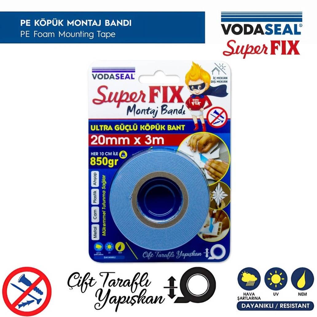 Vodaseal Çift Taraflı Montaj Bandı, 20 mm 3 m, Güçlü Yapışkan