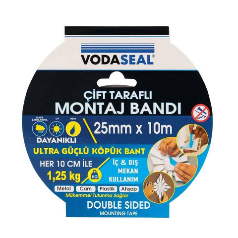 Vodaseal Çift Taraflı Montaj Bandı, 25 mm 10 m, Güçlü Yapışkan