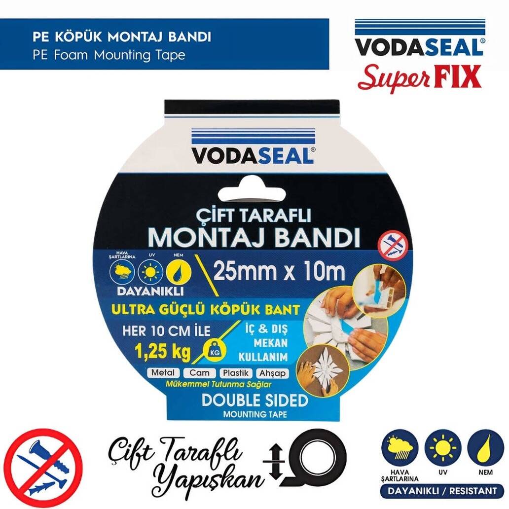 Vodaseal Çift Taraflı Montaj Bandı, 25 mm 10 m, Güçlü Yapışkan