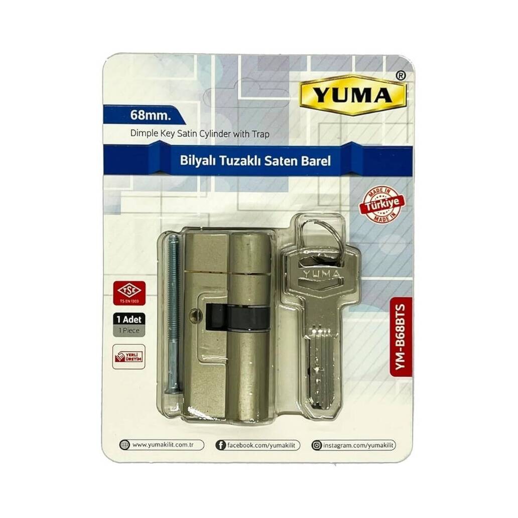 YUMA Kilit Göbeği, Bilyalı Çelik Kapı Kilidi, 68 mm, Nikel