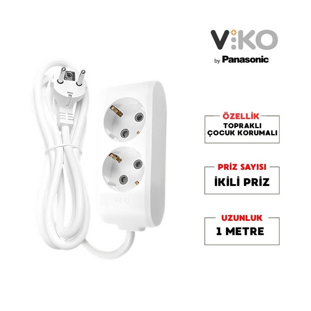 Viko İkili Çoklu Priz, Topraklı, Uzatma Kablosu, 2li, 1m, Beyaz
