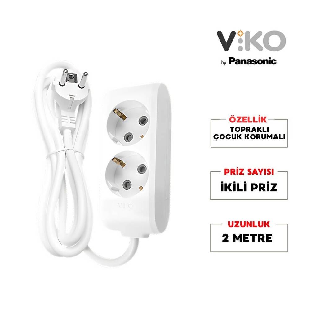 Viko İkili Çoklu Priz, Topraklı, Uzatma Kablosu, 2li, 2m, Beyaz