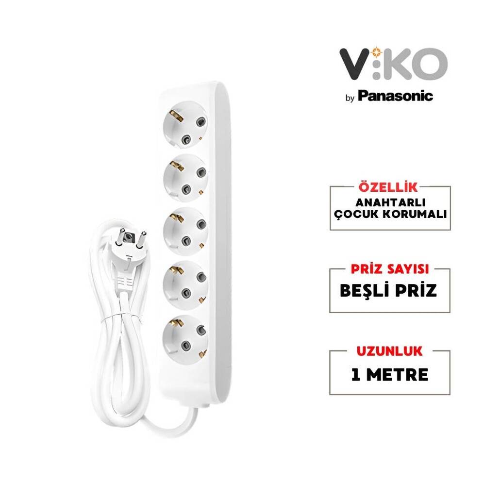 Viko Beşli Çoklu Priz, Topraklı, Uzatma Kablosu, 5li, 1m, Beyaz