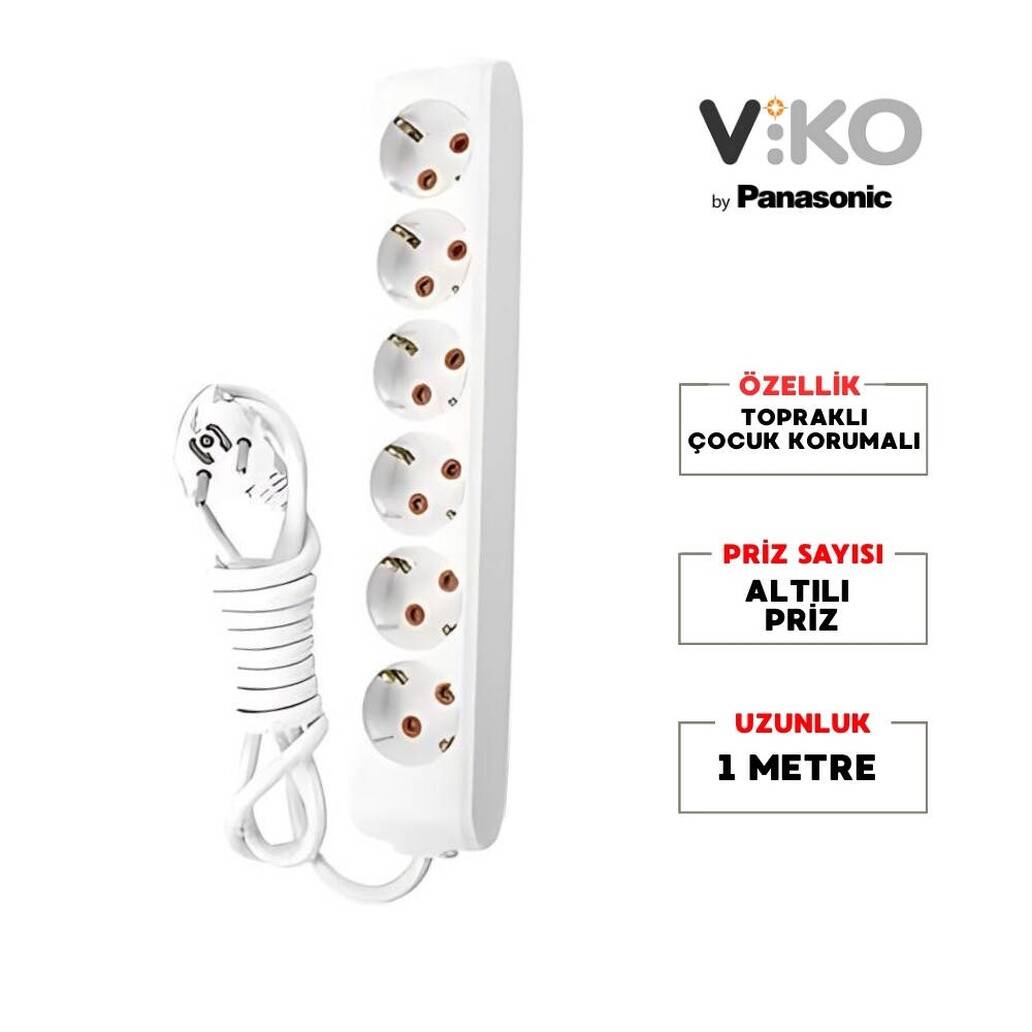 Viko Altılı Çoklu Priz, Topraklı, Uzatma Kablosu, 6lı, 1m, Beyaz