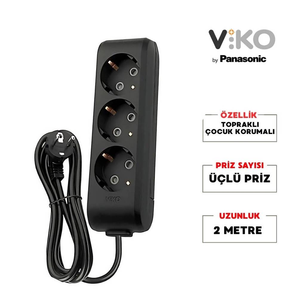 Viko Üçlü Çoklu Priz, Topraklı, Uzatma Kablosu, 3lü, 2m, Siyah