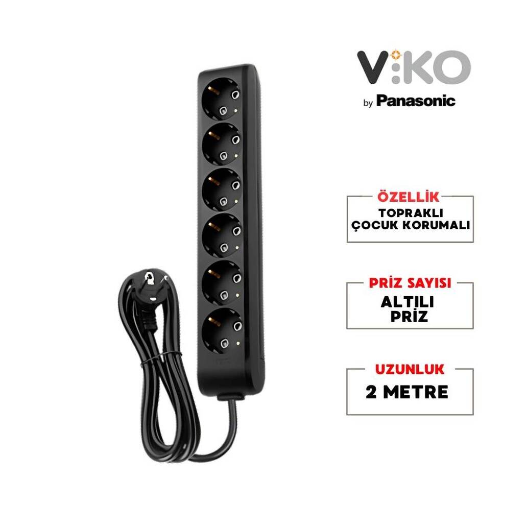 Viko Altılı Çoklu Priz, Topraklı, Uzatma Kablosu, 6lı, 2m, Siyah