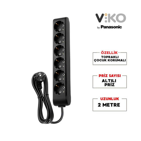 Viko Altılı Çoklu Priz, Topraklı, Uzatma Kablosu, 6lı, 2m, Siyah