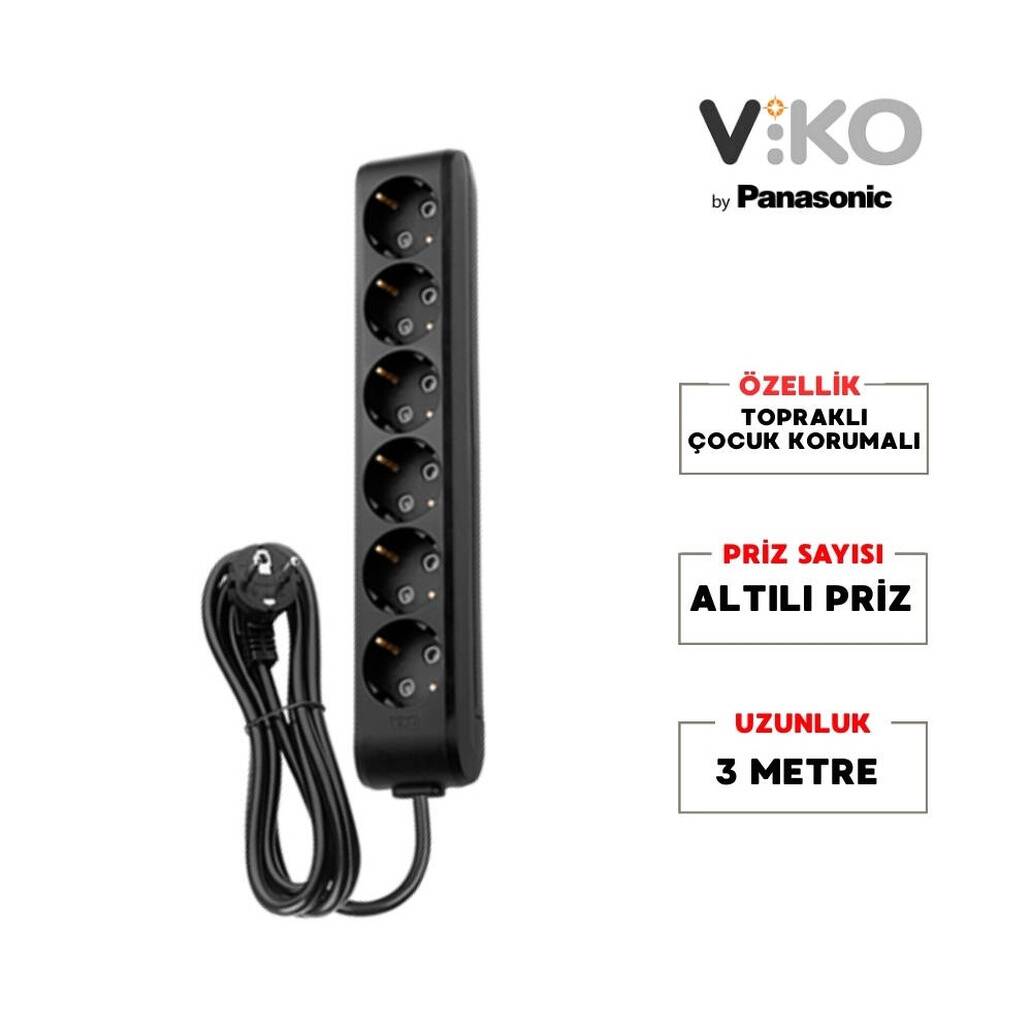 Viko Altılı Çoklu Priz, Topraklı, Uzatma Kablosu, 6lı, 3m, Siyah