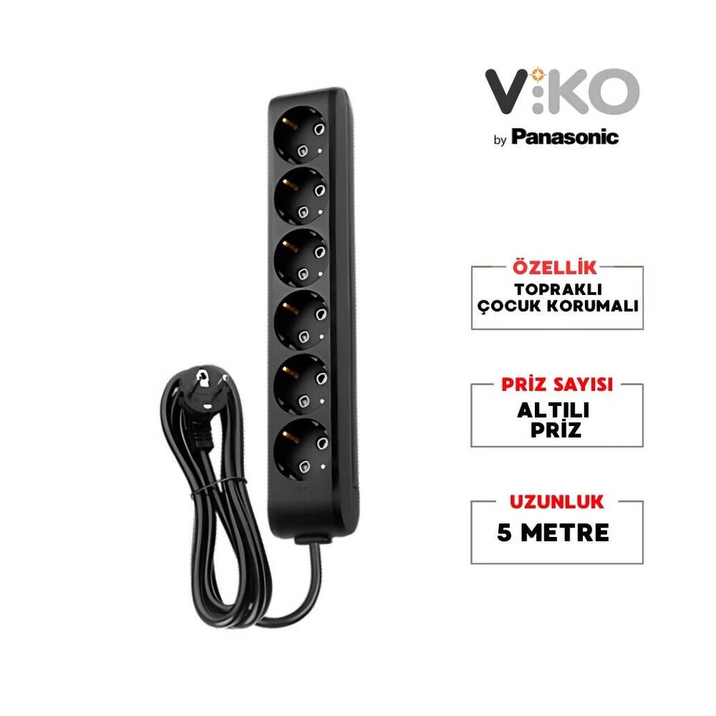 Viko Altılı Çoklu Priz, Topraklı, Uzatma Kablosu, 6lı, 5m, Siyah