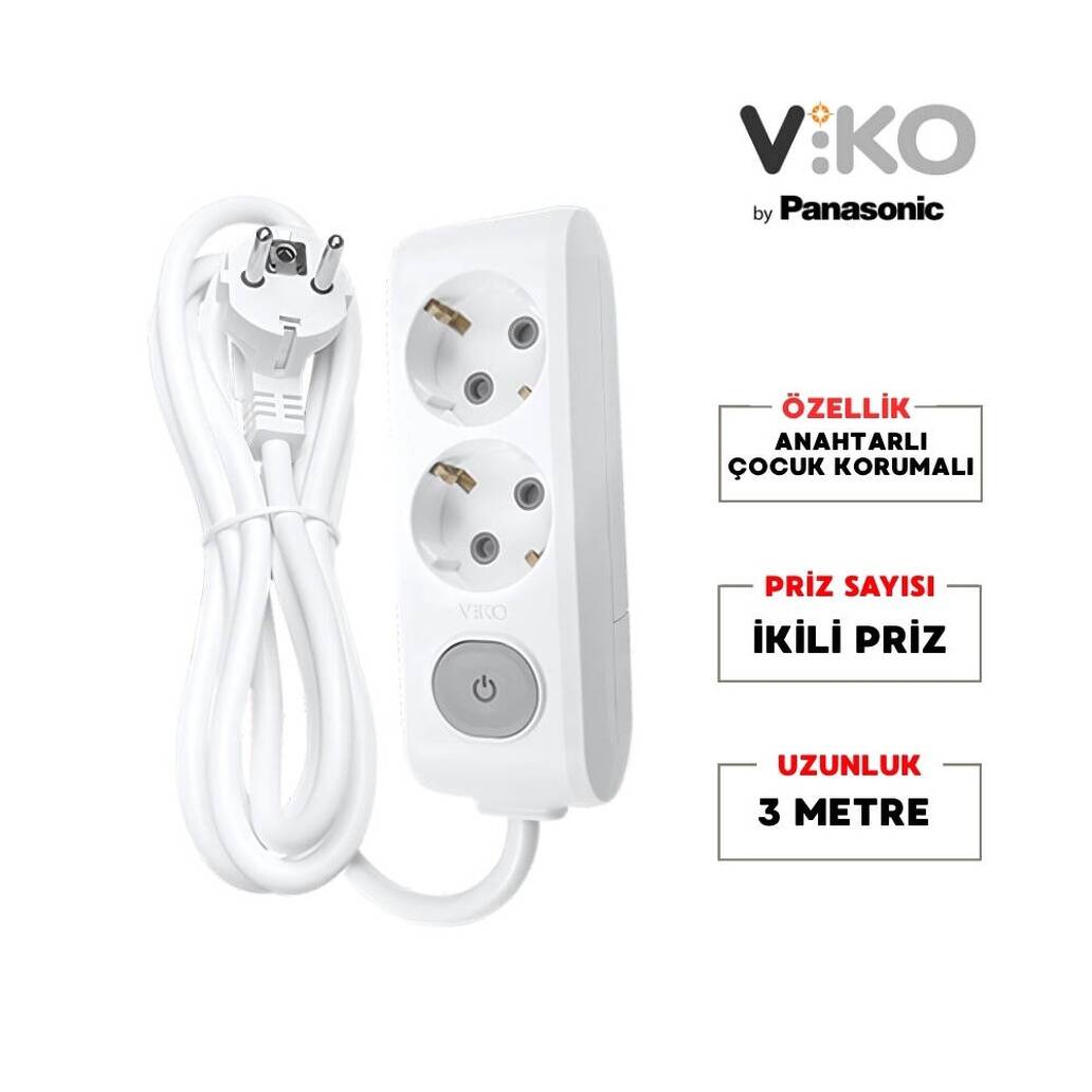 Viko İkili Çoklu Priz, Anahtarlı, Uzatma Kablosu, 2li, 3m, Beyaz