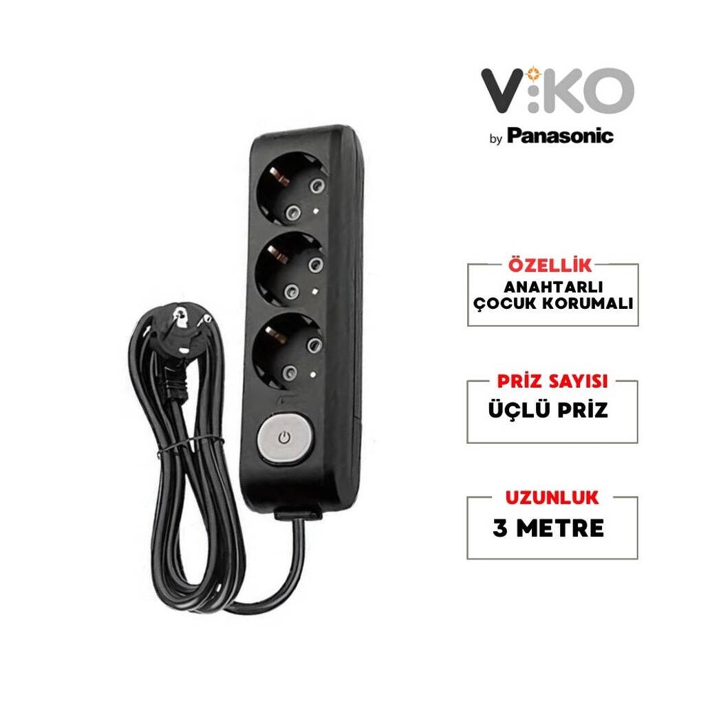 Viko Üçlü Çoklu Priz, Anahtarlı, Uzatma Kablosu, 3lü, 3m, Siyah