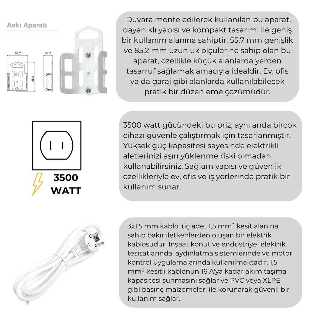 Viko Üçlü Çoklu Priz, Anahtarlı, Uzatma Kablosu, 3lü, 3m, Siyah