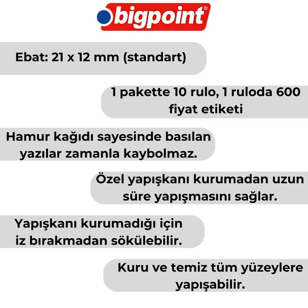 Bigpoint Etiket, İz Bırakmaz, Uzun Ömürlü, 6000 Etiket, 600x10, Sarı