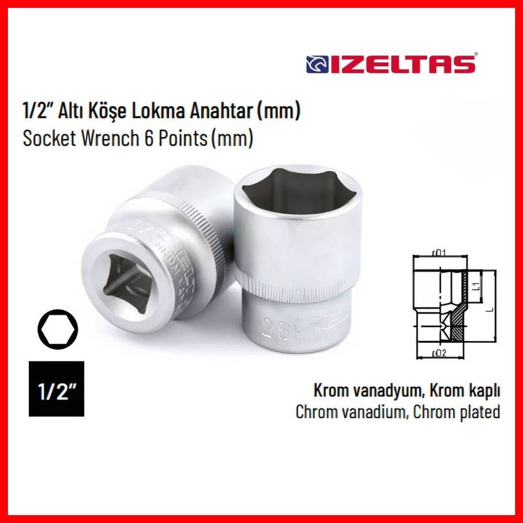 İzeltaş Altı Köşe Lokma Anahtar, 1/2 İnç 21 mm, Yüksek Tork Dayanımı