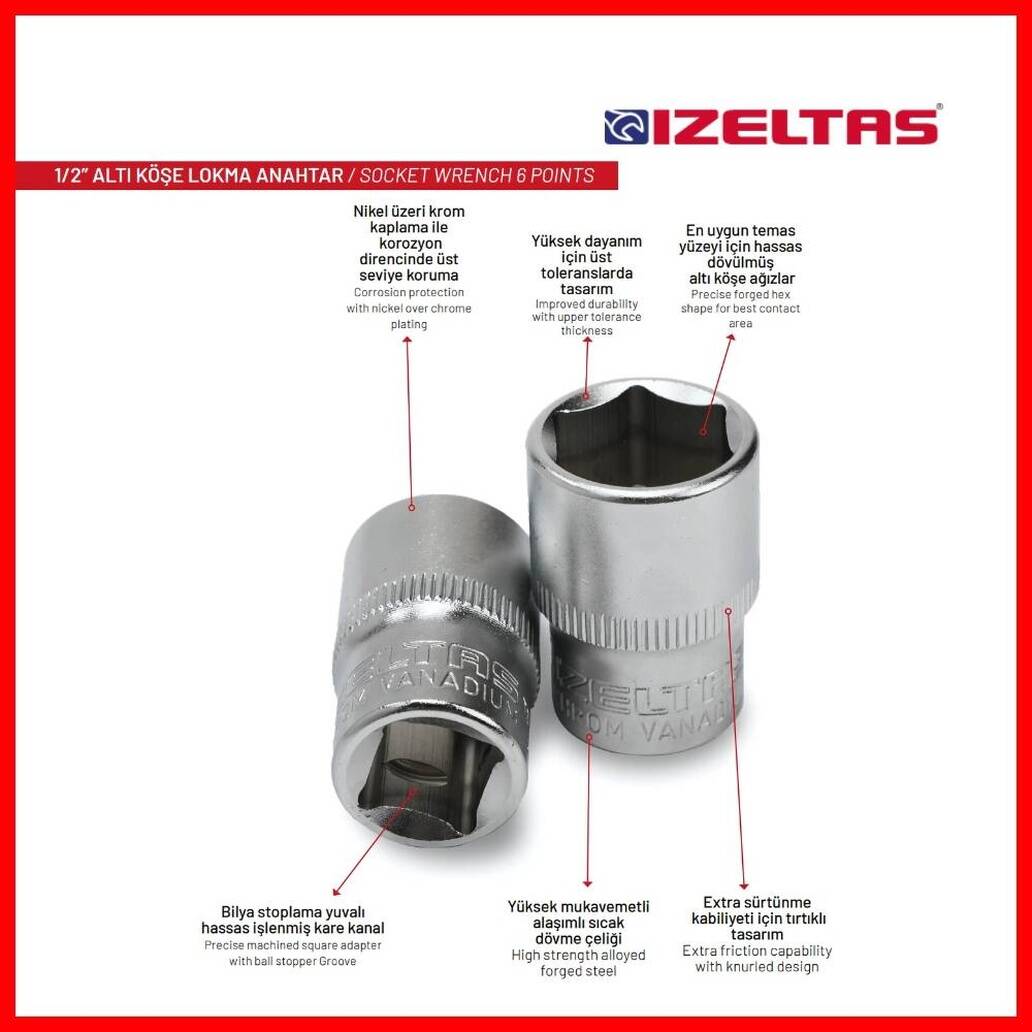 İzeltaş Altı Köşe Lokma Anahtar, 1/2 İnç 24 mm, Yüksek Tork Dayanımı