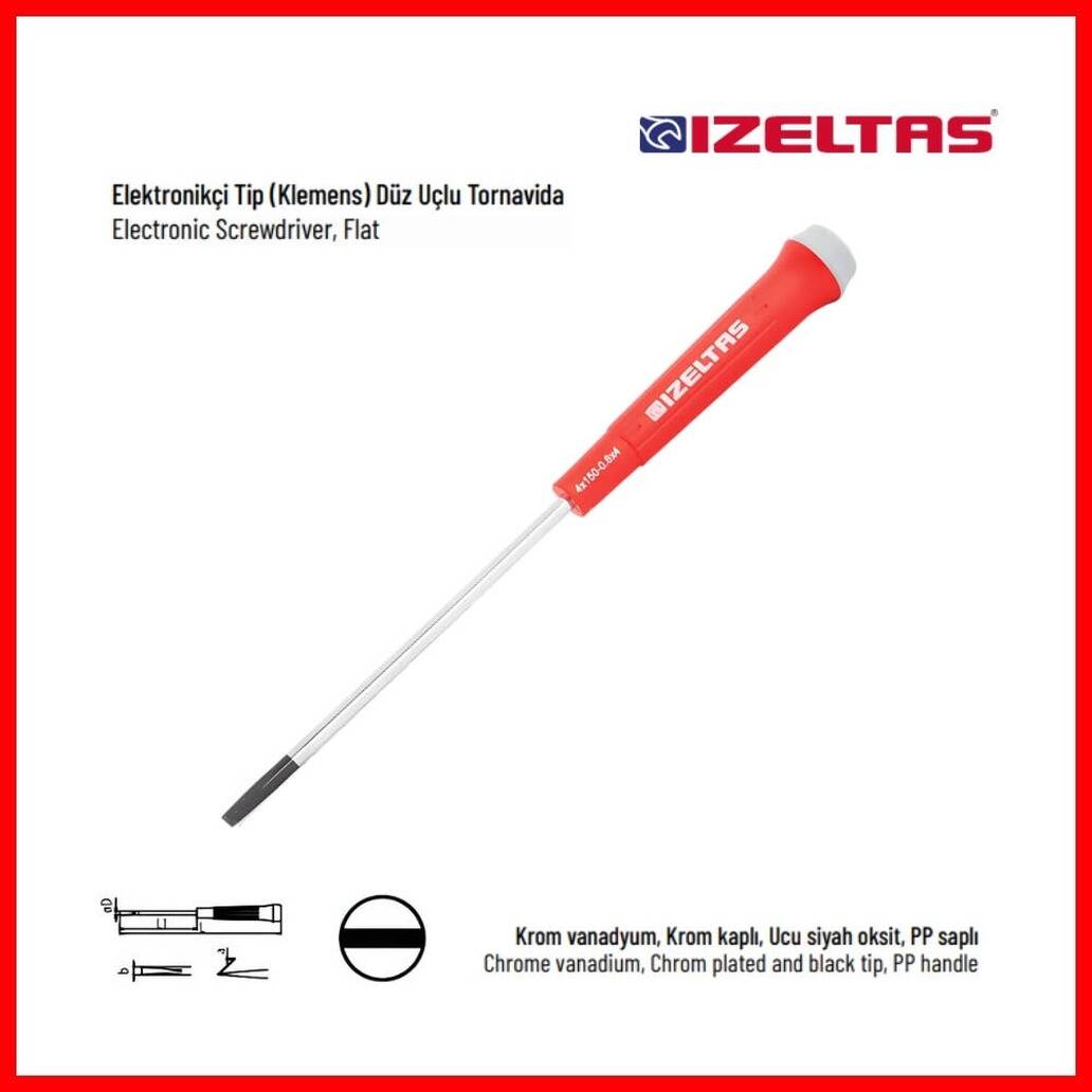 İzeltaş Elektronikçi Tip Klemens Tornavida, Düz 4x150 mm, Dayanıklı