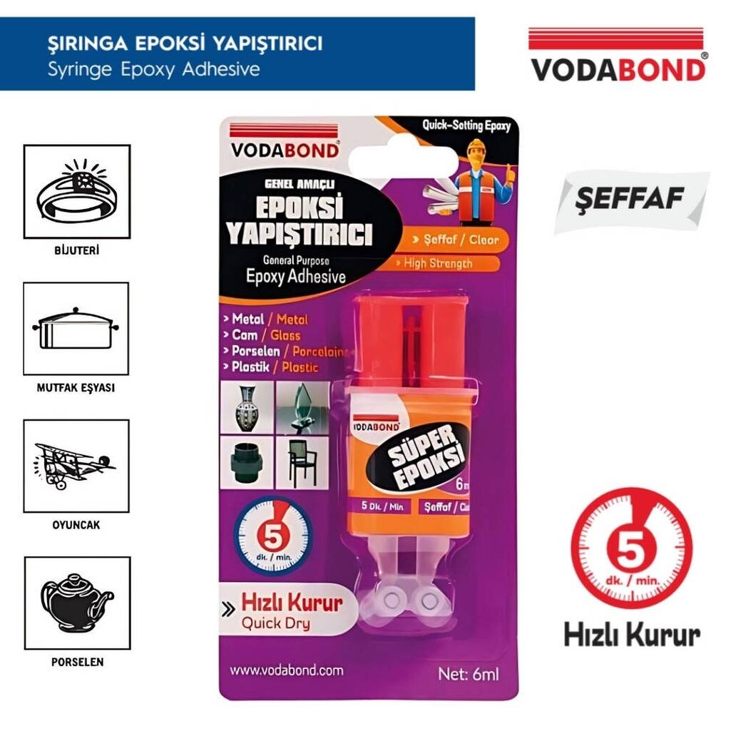 Vodabond Epoksi Yapıştırıcı, 6ml, Hızlı, Şeffaf, Genel Amaçlı Kullanım