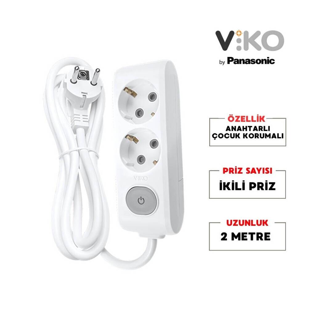 Viko İkili Çoklu Priz, Anahtarlı, Uzatma Kablosu, 2li, 2m, Beyaz