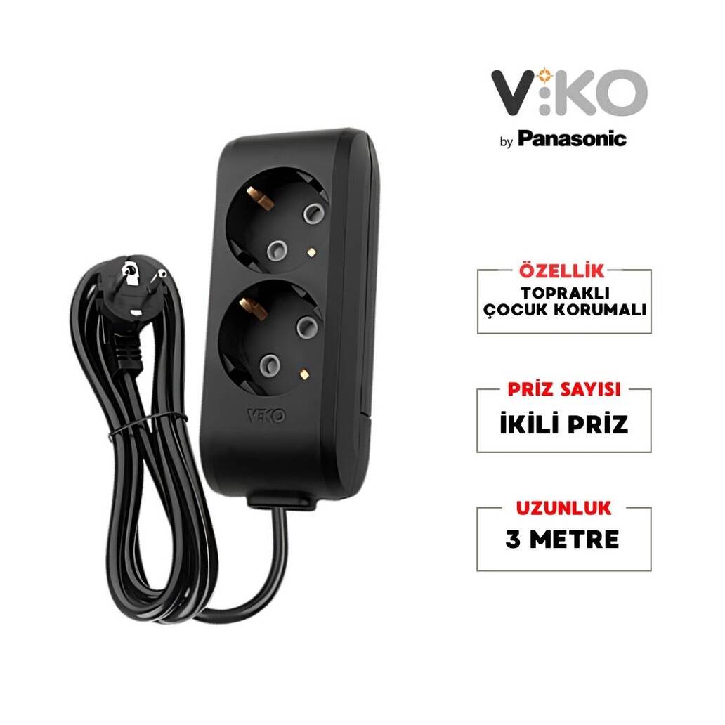 Viko İkili Çoklu Priz, Topraklı, Uzatma Kablosu, 2li, 3m, Siyah