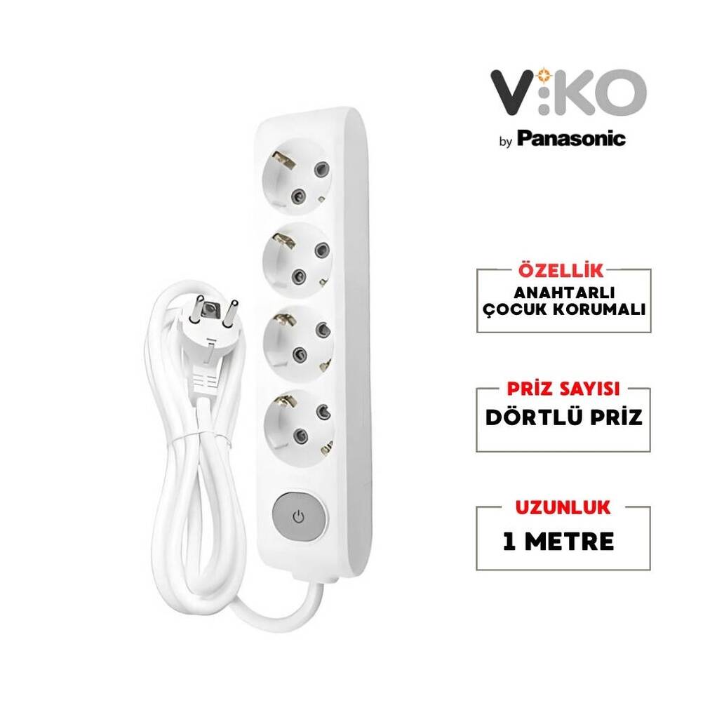 Viko Dörtlü Çoklu Priz, Anahtarlı, Uzatma Kablosu, 4lü, 1m, Beyaz