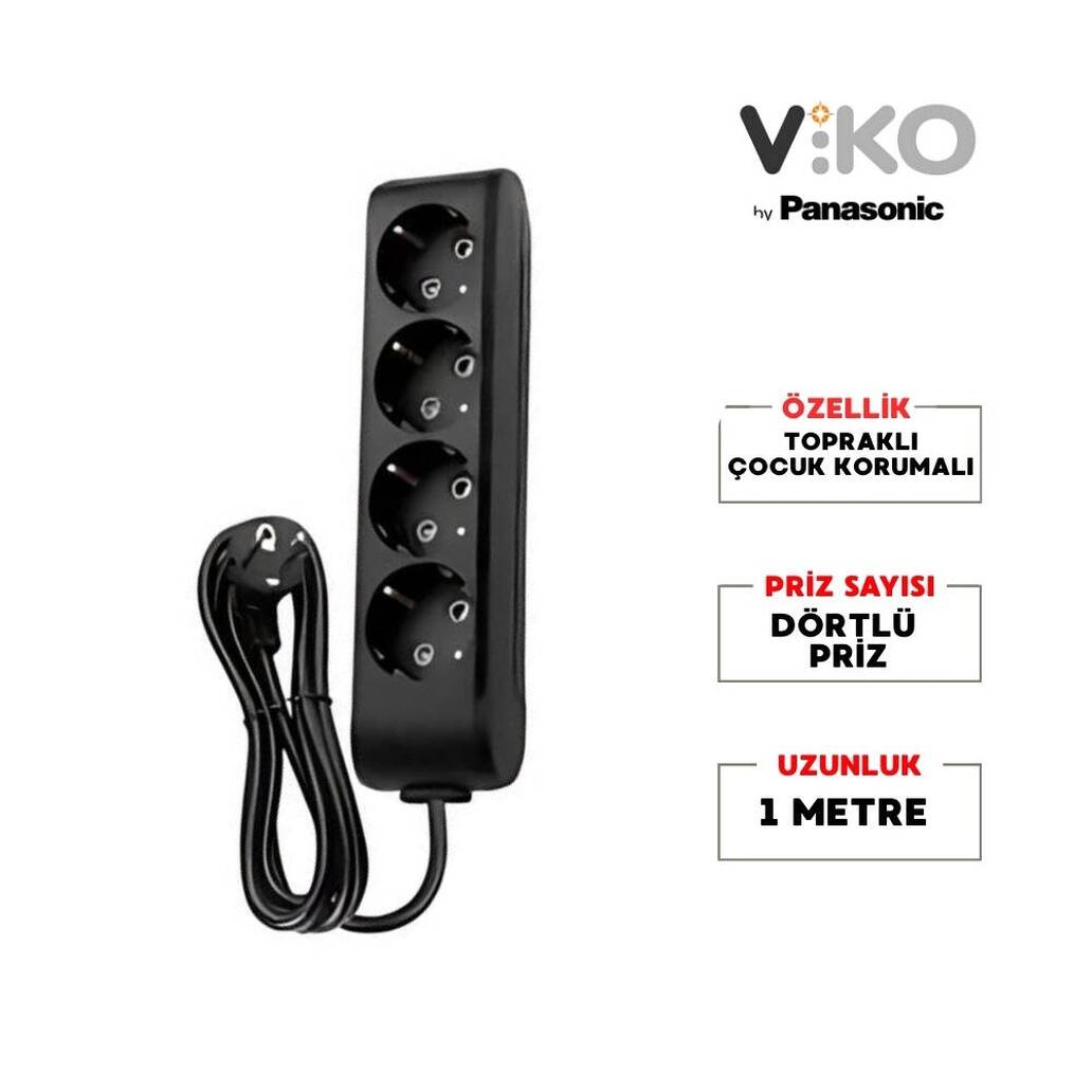 Viko Dörtlü Çoklu Priz, Topraklı, Uzatma Kablosu, 4lü, 1m, Siyah