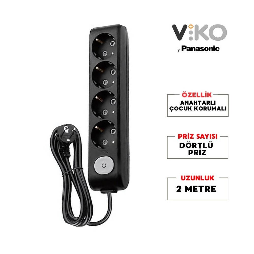 Viko Dörtlü Çoklu Priz, Anahtarlı, Uzatma Kablosu, 4lü, 2m, Siyah