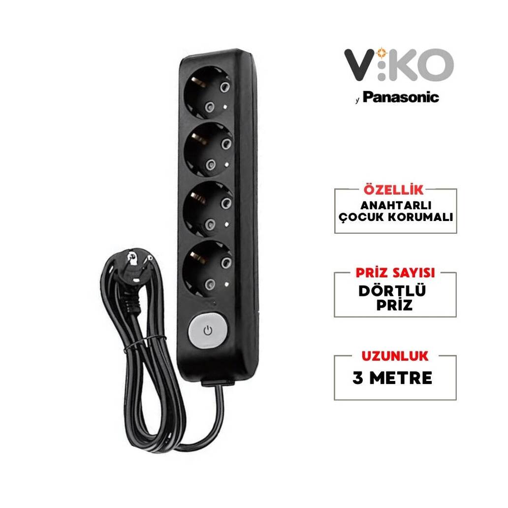 Viko Dörtlü Çoklu Priz, Anahtarlı, Uzatma Kablosu, 4lü, 3m, Siyah