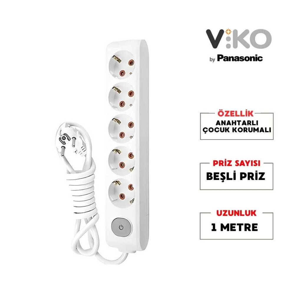 Viko Beşli Çoklu Priz, Anahtarlı, Uzatma Kablosu, 5li, 1m, Beyaz